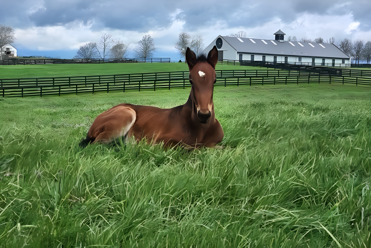 Foal resting in grassy field near barn.